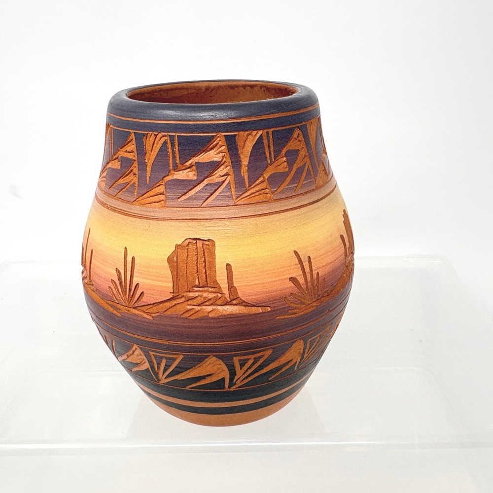Yazzie Signed Navajo Pottery Vase Red Clay Etched Desert Sunset Mesa 5"